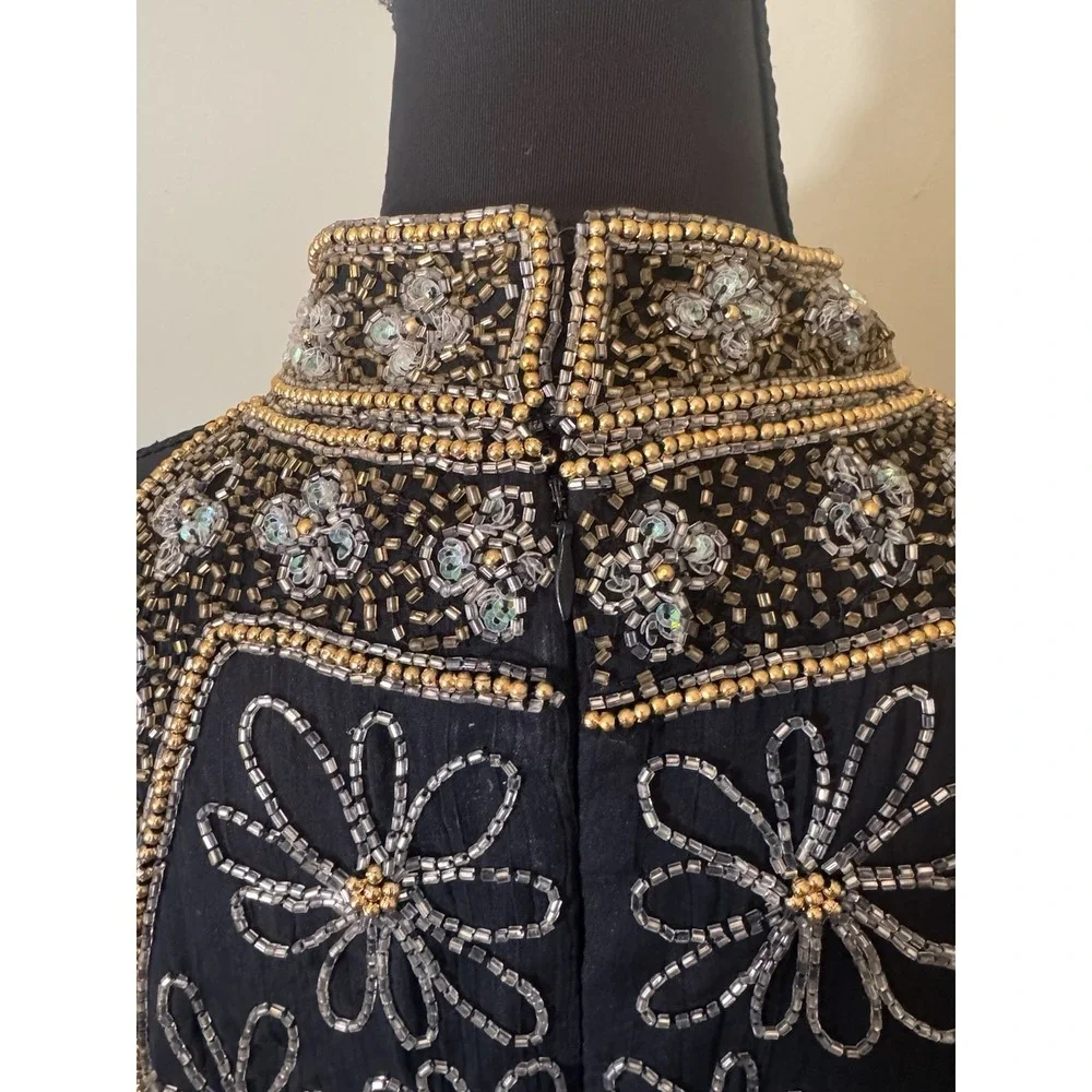 Vintage 90s Beaded Boho Top Luxe Black Gold Floral Halter Glam Art Deco Women L - Picture 6 of 8